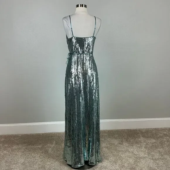 Aidan Mattox Sequined Wrap Evening Gown Size 8 Sparkly Green-Blue Formal Dress - Picture 7 of 13